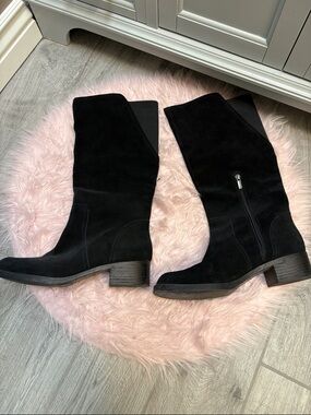 Lucky Brand Black Suede Mid-Calf Heeled Boots